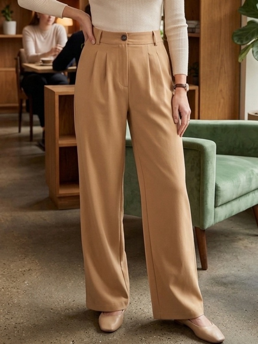 VENUS High-Waist Wide-Leg Trousers Camel Pleated NWOT